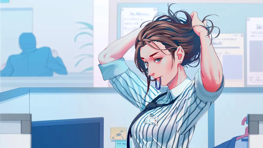 Adegan Kantor di Anime Gambar adegan kantor di anime, bisa menampilkan detail interior kantor yang unik atau karakter sedang bekerja.