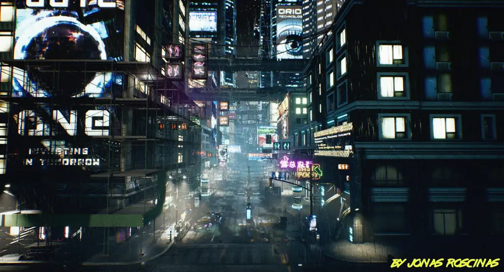 Pemandangan Kota Cyberpunk Gambar pemandangan kota cyberpunk dalam anime