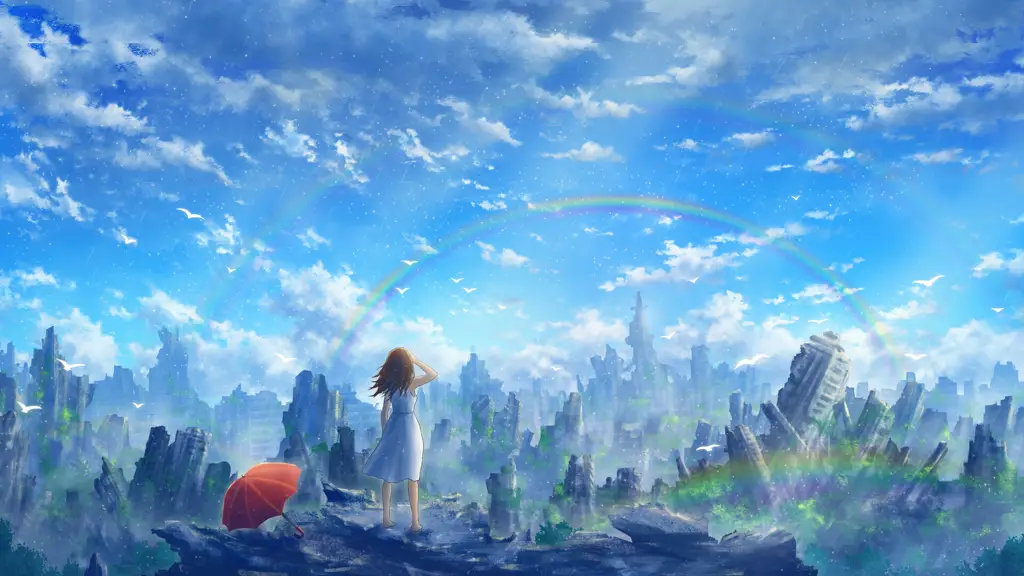 Ilustrasi pemandangan anime pasca-apokaliptik yang suram Pemandangan anime pasca-apokaliptik