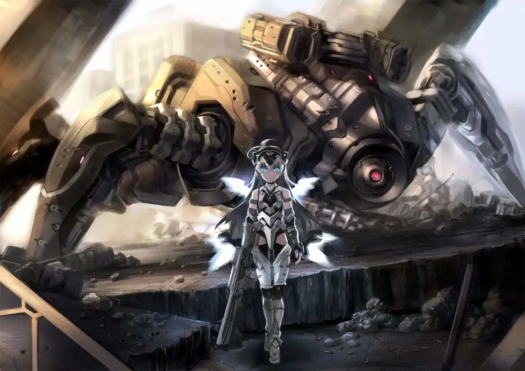 Ilustrasi adegan pertarungan mecha anime yang menegangkan Adegan pertarungan mecha anime