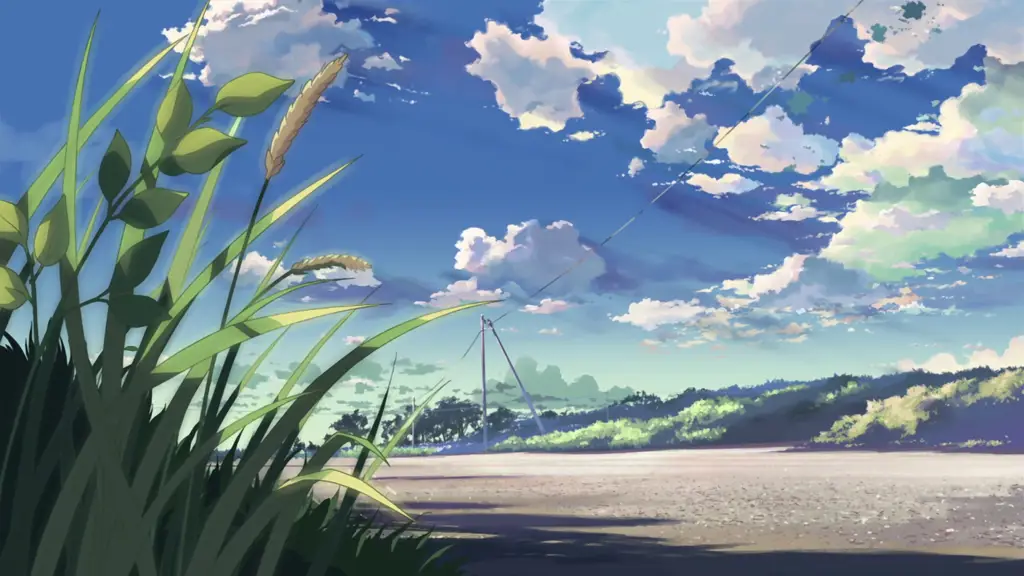 Pemandangan anime yang tenang, cocok untuk suasana anime slice-of-life Latar belakang pemandangan anime yang indah dan menenangkan