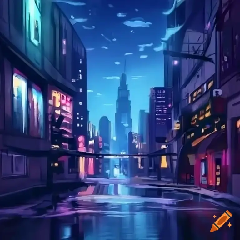Suasana Malam yang Menawan Ilustrasi pemandangan kota malam hari bergaya anime