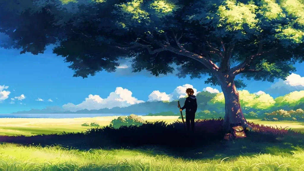 Dunia Fantasi yang Menawan Pemandangan dunia fantasi dalam anime harem adventure.