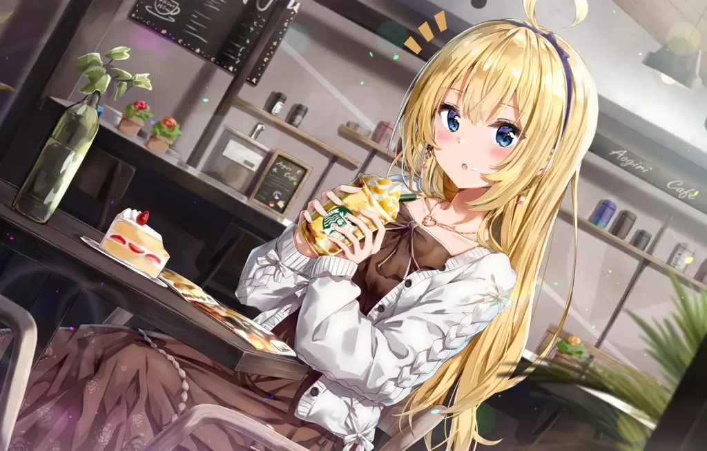 Gadis Anime di Kafe Ilustrasi gadis anime yang bersantai di kafe