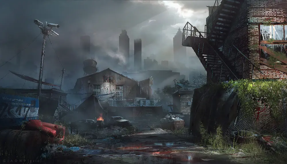 Kota yang hancur dipenuhi zombie Ilustrasi kota yang hancur akibat serangan zombie