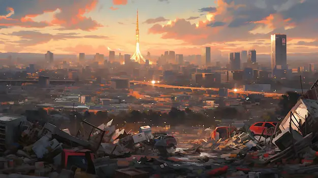Suasana kota yang hancur akibat wabah Ilustrasi kota pasca-apokaliptik dalam anime
