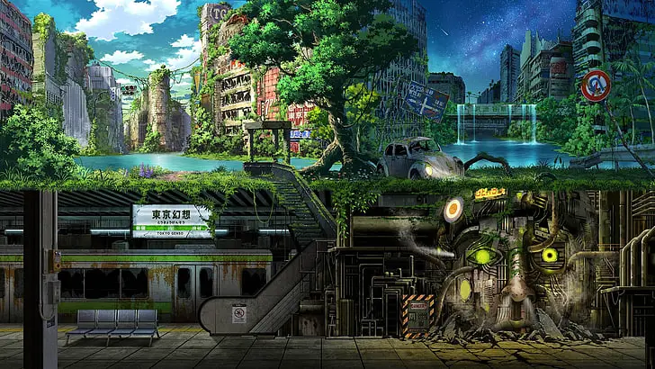 Kota yang hancur akibat wabah zombie Pemandangan kota pasca-apokaliptik di anime