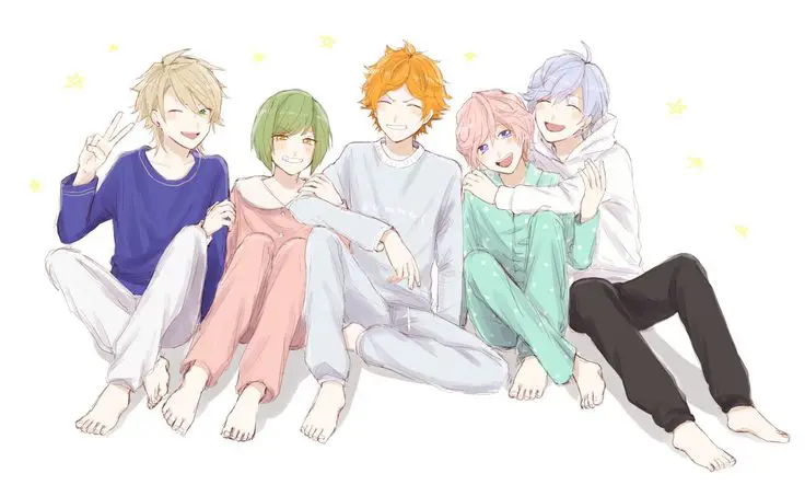 Momen-momen santai bersama teman Gambar sekelompok teman anime sedang menonton TV