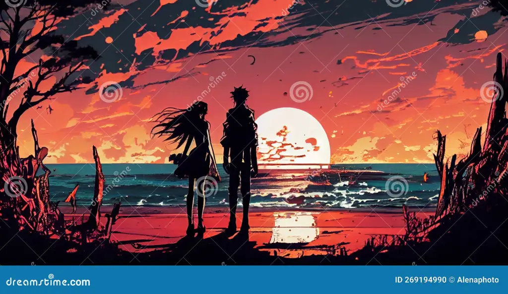 Suasana romantis dalam anime Siluet pasangan anime di latar matahari terbenam