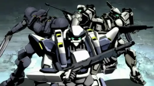Gambar promosi anime Full Metal Panic! yang menampilkan mecha dan karakter utamanya.