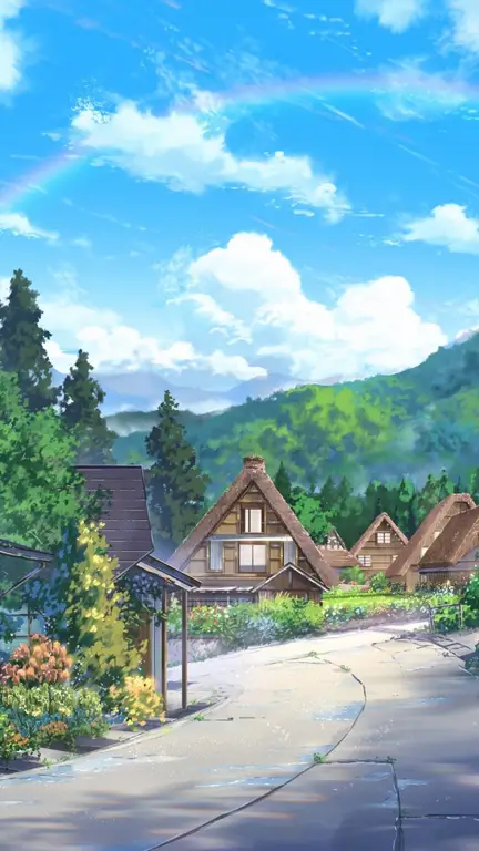 Suasana pedesaan yang menenangkan Pemandangan desa yang damai dan indah dalam anime