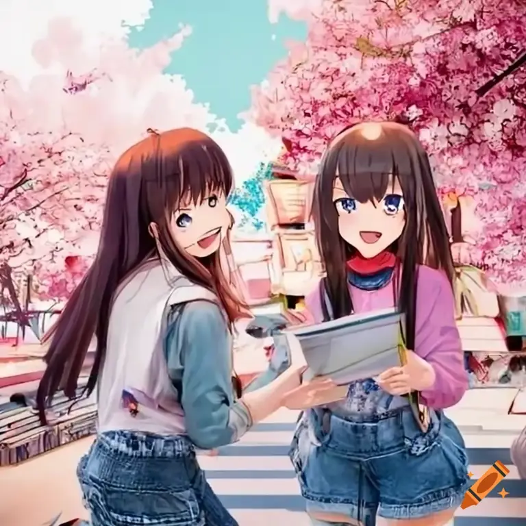 Persahabatan di pedesaan Sekelompok gadis anime sedang berkumpul di lingkungan pedesaan