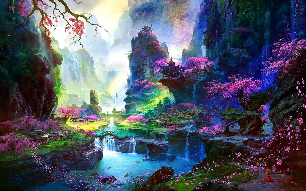 Dunia Fantasi Anime Pemandangan alam fantasi bergaya anime, dengan pegunungan, hutan, dan sungai yang indah.