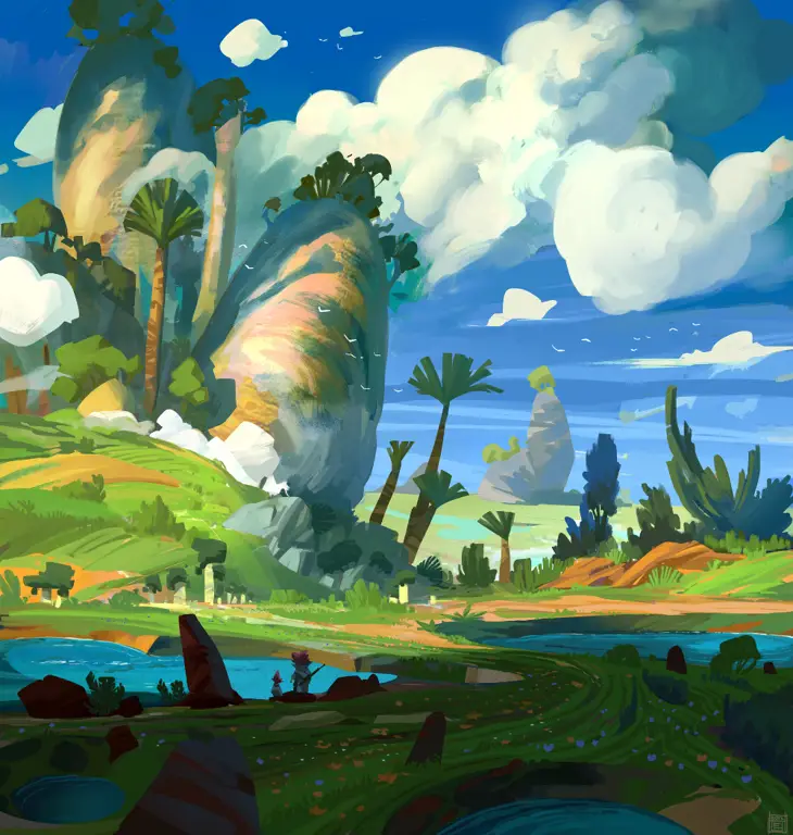 Pemandangan dunia fantasi yang mengingatkan pada dunia dalam game Seiken Densetsu Gambar pemandangan dunia fantasi yang indah