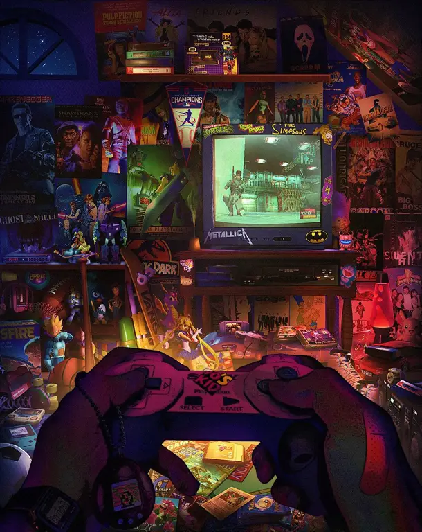 Gaya seni retro yang mengingatkan pada grafis game Seiken Densetsu Gambar bergaya seni video game retro