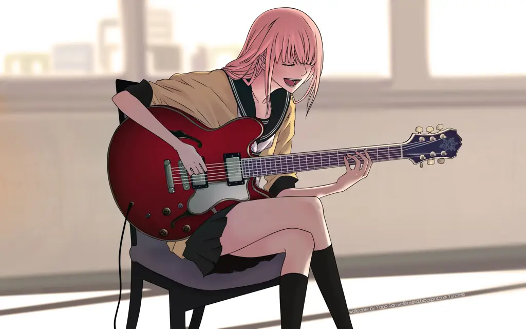 Karakter anime sedang berlatih musik bersama Gambar karakter anime yang sedang memainkan musik