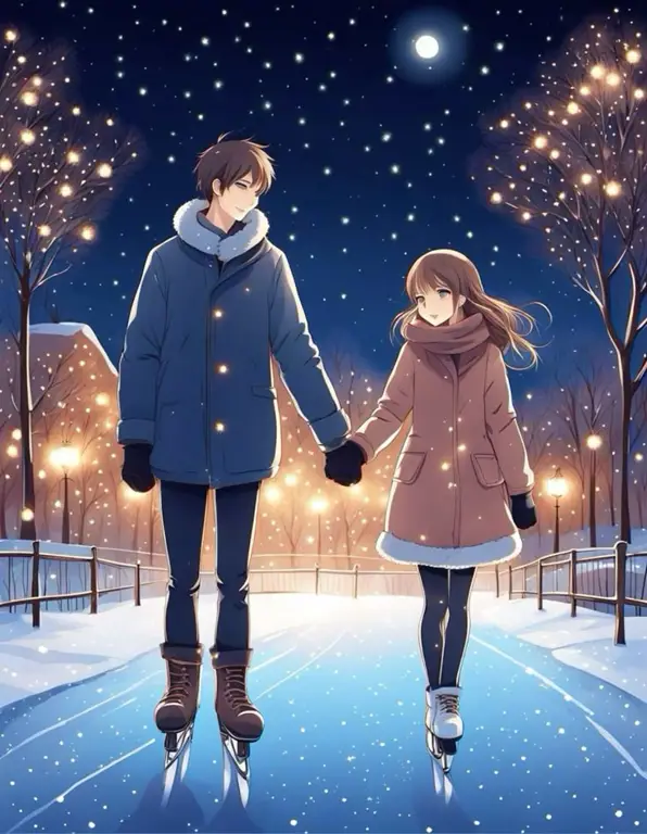 Pasangan anime sedang bermain ice skating