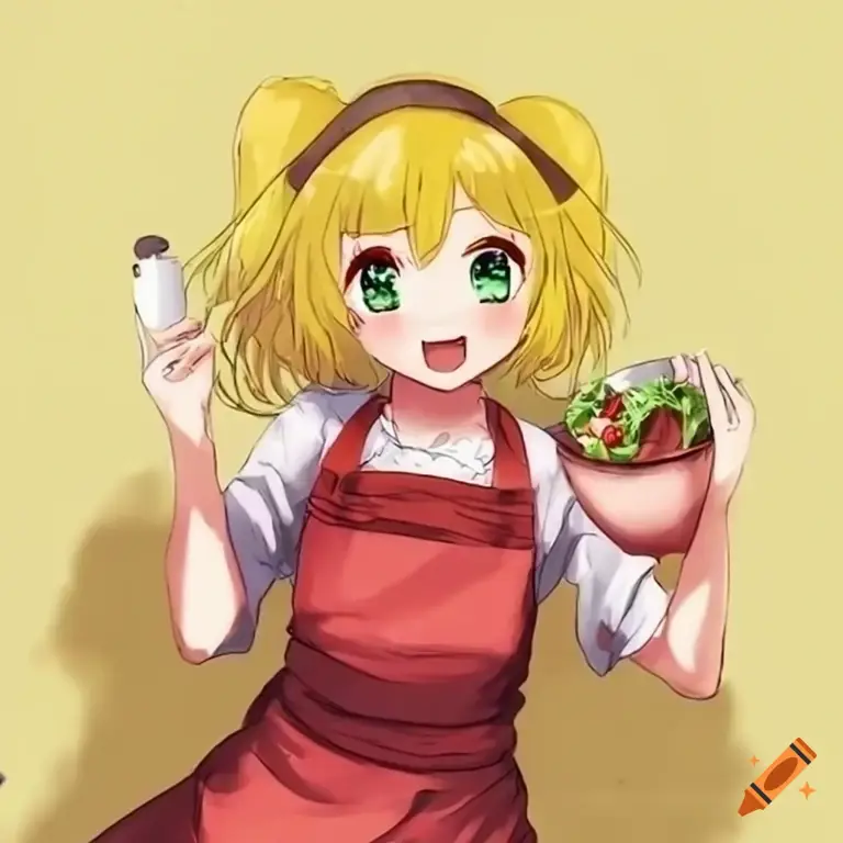 Gadis anime yang menggemaskan sedang memasak hidangan lezat Gambar gadis anime yang lucu sedang memasak