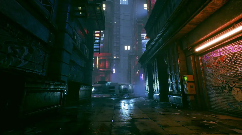 Suasana kota cyberpunk yang misterius dan menegangkan Pemandangan kota cyberpunk di malam hari