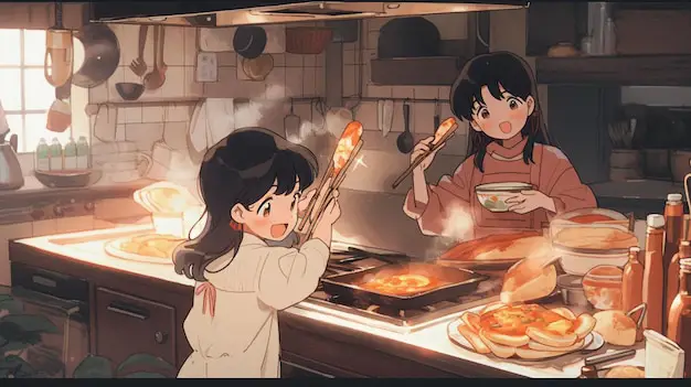 Gambar adegan memasak anime yang hangat dan menyenangkan
