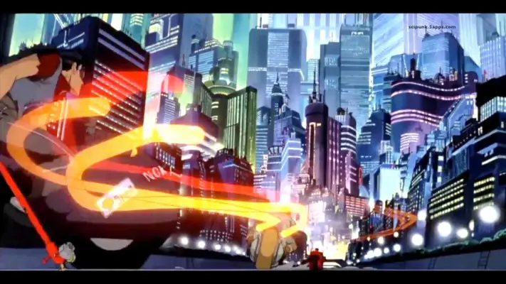 Ilustrasi suasana kota futuristik di film Akira
