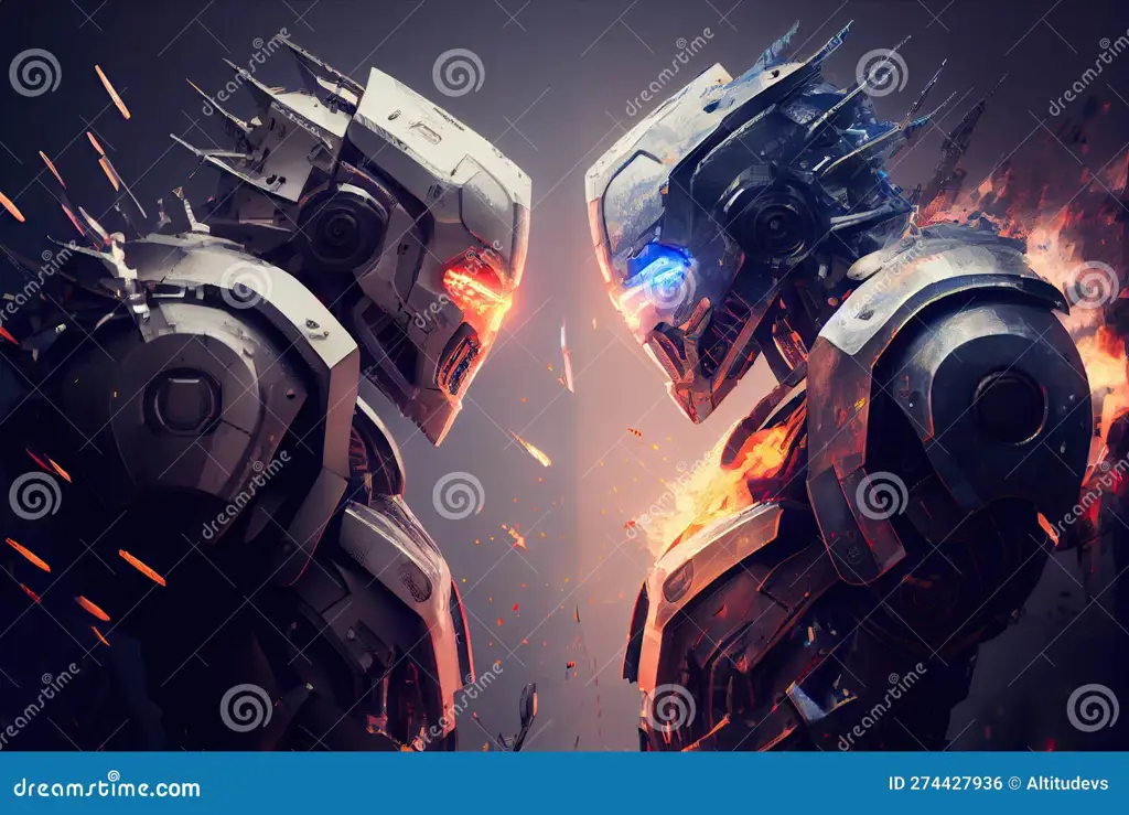 Adegan Aksi Robot di Film Anime Sci-Fi Robot-robot bertempur di kota futuristik