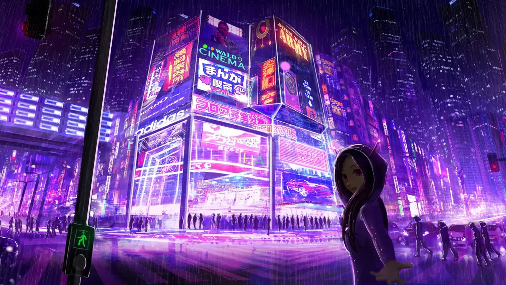 Suasana Kota Futuristik dalam Film Anime Pemandangan kota cyberpunk di malam hari dalam film anime