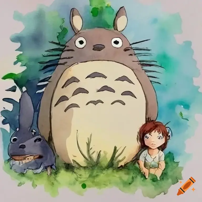 Ilustrasi Totoro dan dua gadis kecil