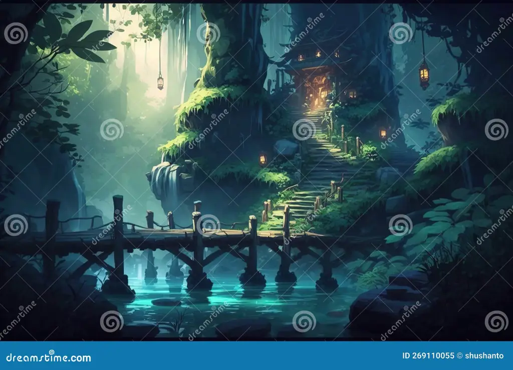 Hutan Fantasi Anime yang Menawan Ilustrasi hutan fantasi dalam anime