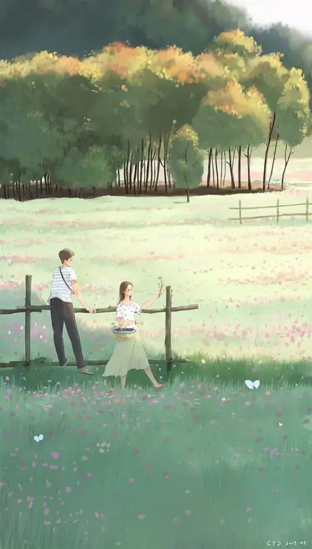 Pasangan anime di latar belakang pemandangan magis Pemandangan anime magis dengan pasangan