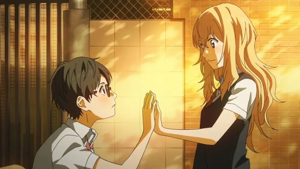 Ilustrasi pasangan anime yang sedang jatuh cinta di sekolah Pasangan anime di sekolah yang romantis