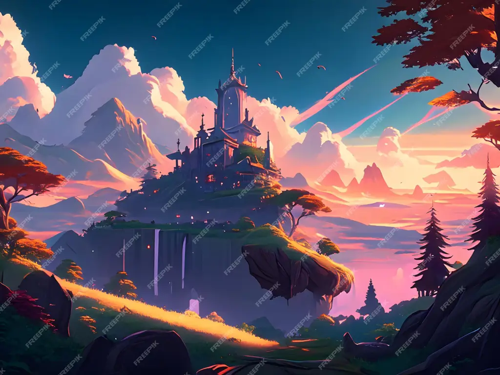 Keindahan alam fantasi yang menakjubkan Pemandangan dunia fantasi dalam anime