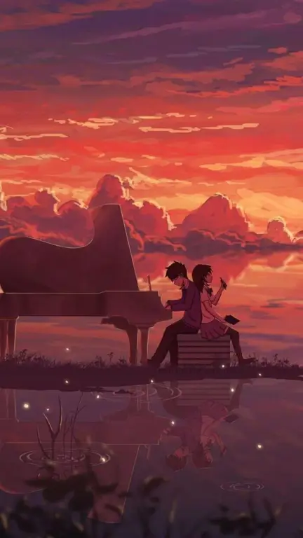 Pasangan Anime di Matahari Terbenam Pasangan anime romantis di latar matahari terbenam