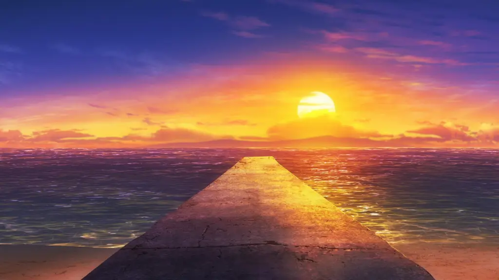 Suasana romantis dalam film anime Adegan romantis anime saat matahari terbenam, dengan latar belakang yang indah