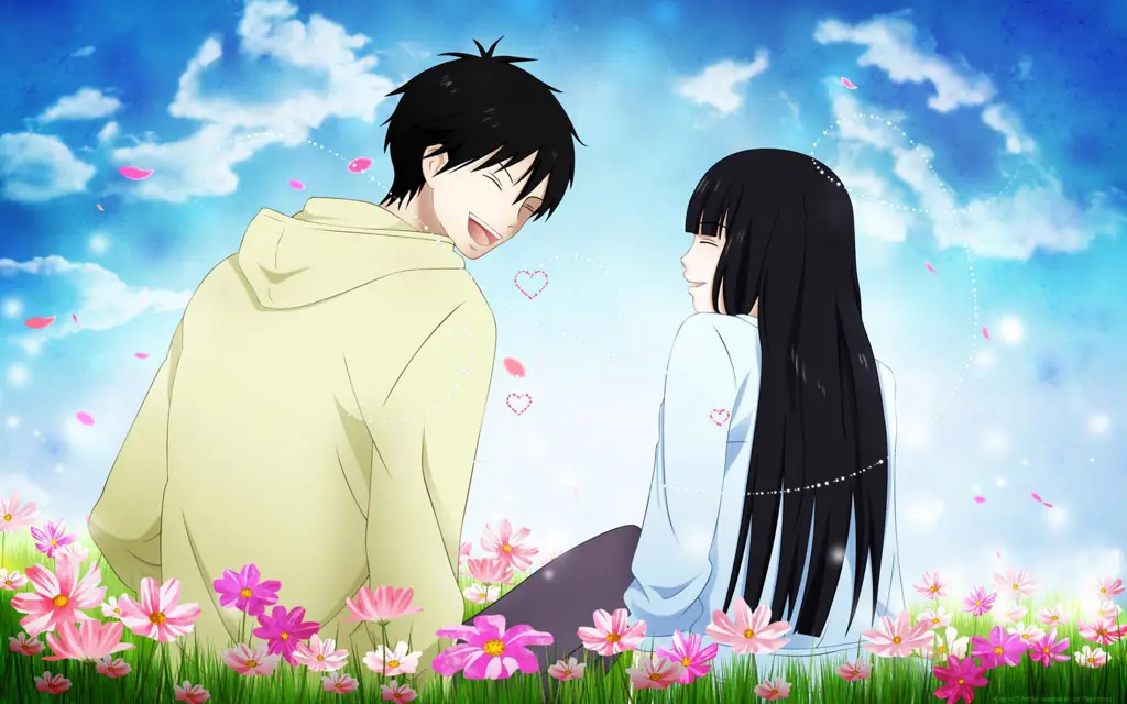 Kebahagiaan Abadi Pasangan anime bahagia bersama, menggambarkan kebahagiaan di akhir cerita