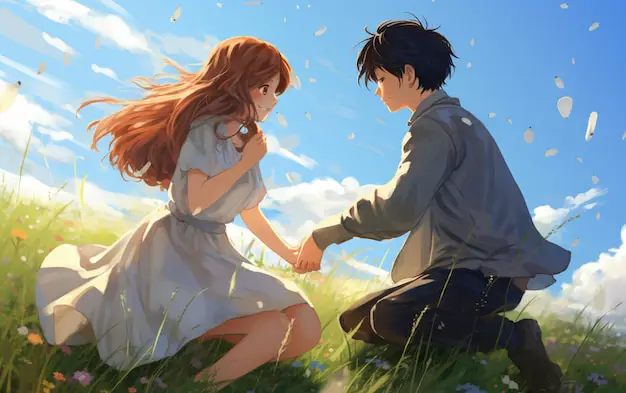 Ilustrasi pasangan anime yang menunjukkan kebahagiaan dan cinta mereka Pasangan anime yang bahagia