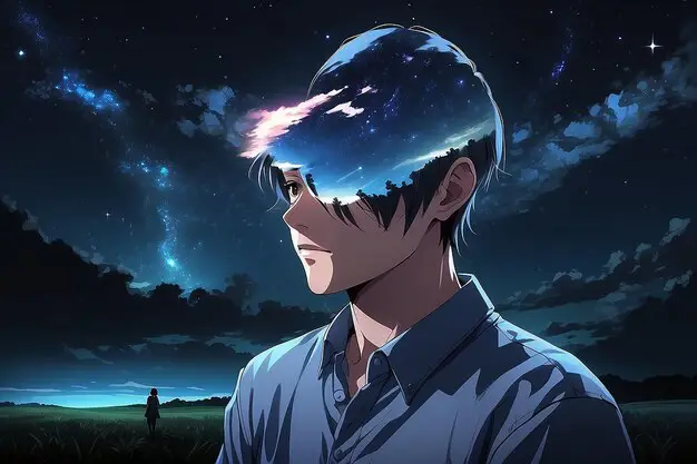 Momen Romantis di Anime Pasangan anime romantis sedang menyaksikan matahari terbenam