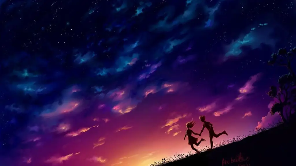 Suasana romantis untuk menonton anime Pemandangan malam yang romantis dari anime, menggambarkan suasana menonton yang ideal