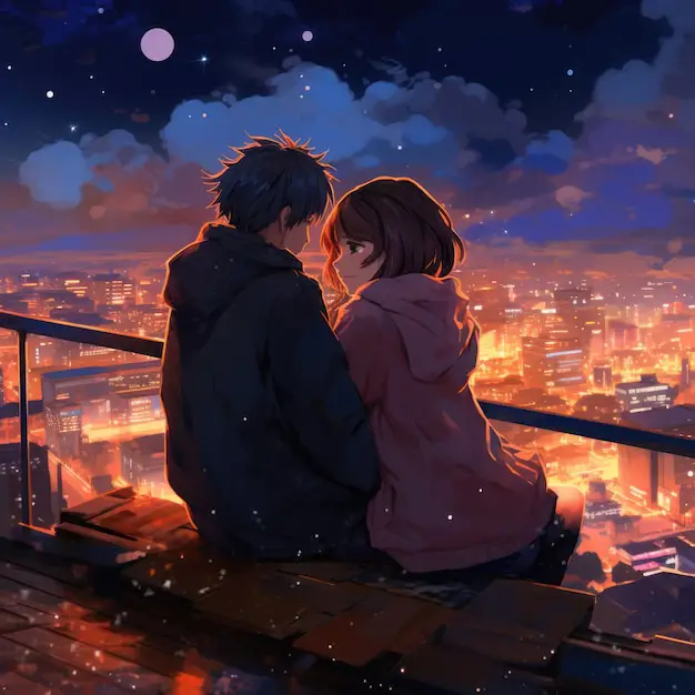 Keindahan visual dalam anime romantis Adegan romantis malam hari dalam anime, dengan latar belakang kota yang indah