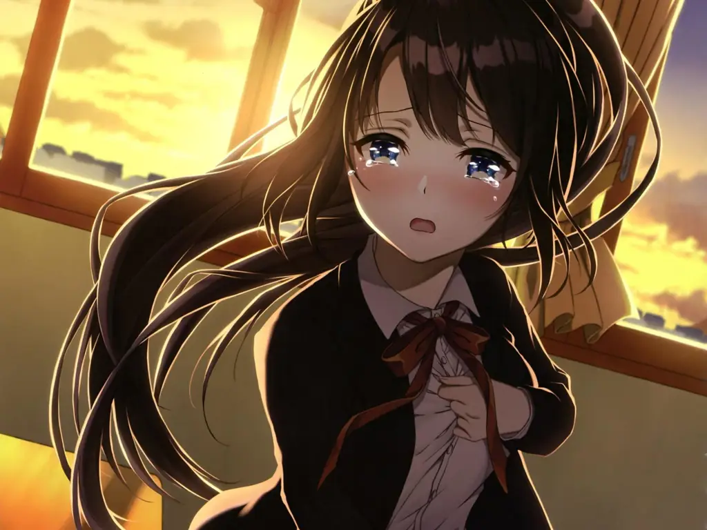 Kesedihan yang mendalam dalam anime romantis Gadis anime sendirian menangis, menggambarkan kesedihan mendalam