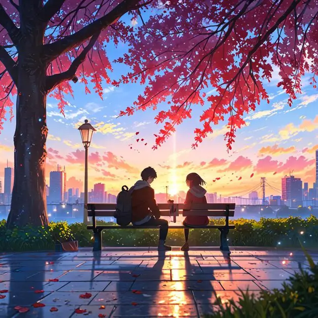Keindahan alam dalam anime romantis Pemandangan matahari terbenam yang romantis dalam film anime