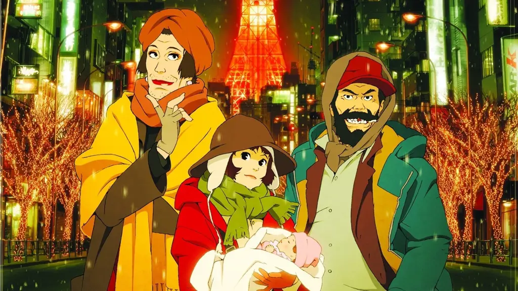 Adegan dari film anime Tokyo Godfathers