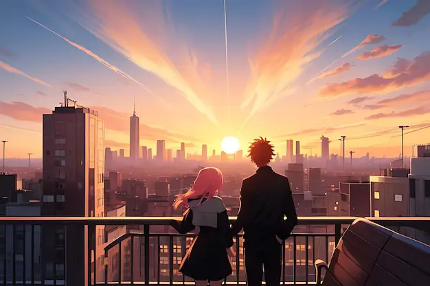 Adegan romantis dengan latar belakang yang indah Pemandangan indah dalam film anime romantis