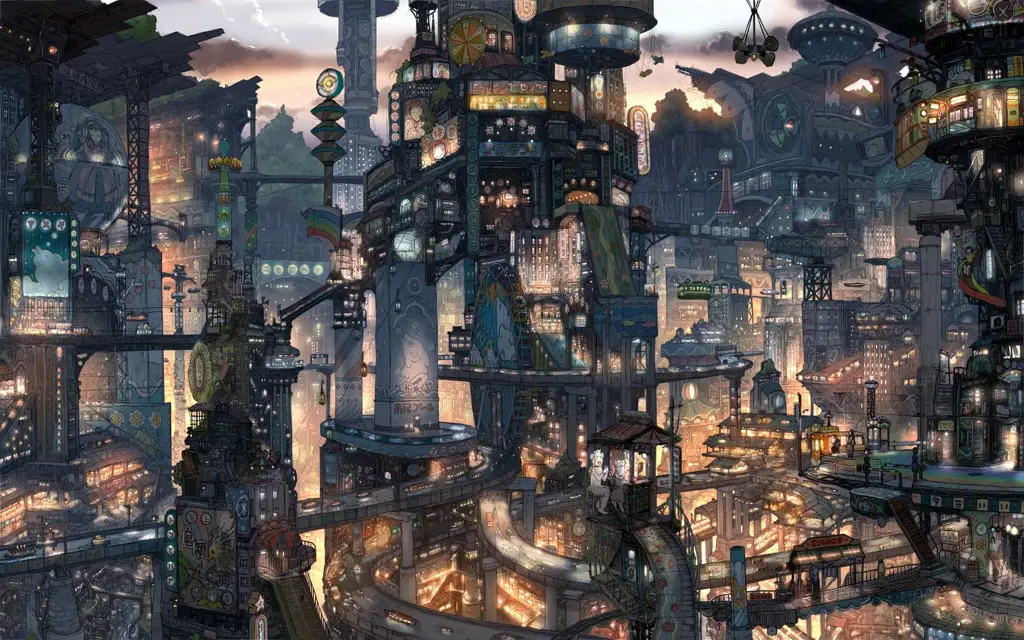 Visual menakjubkan dari dunia anime Ilustrasi kota futuristik di anime multiverse