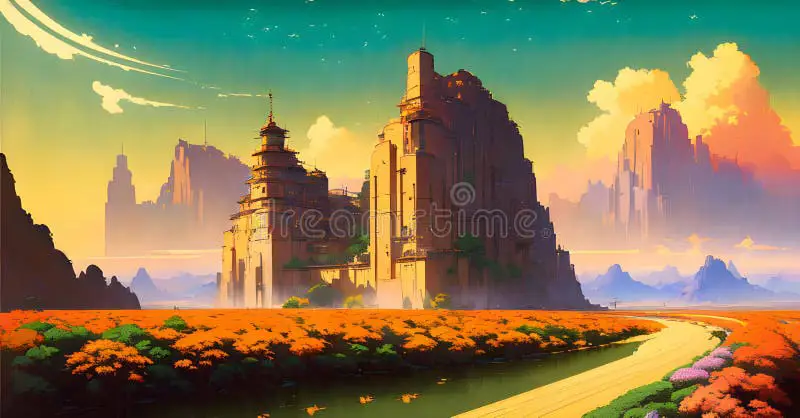 Pemandangan indah dari dunia fantasi dalam anime Ilustrasi pemandangan anime fantasi
