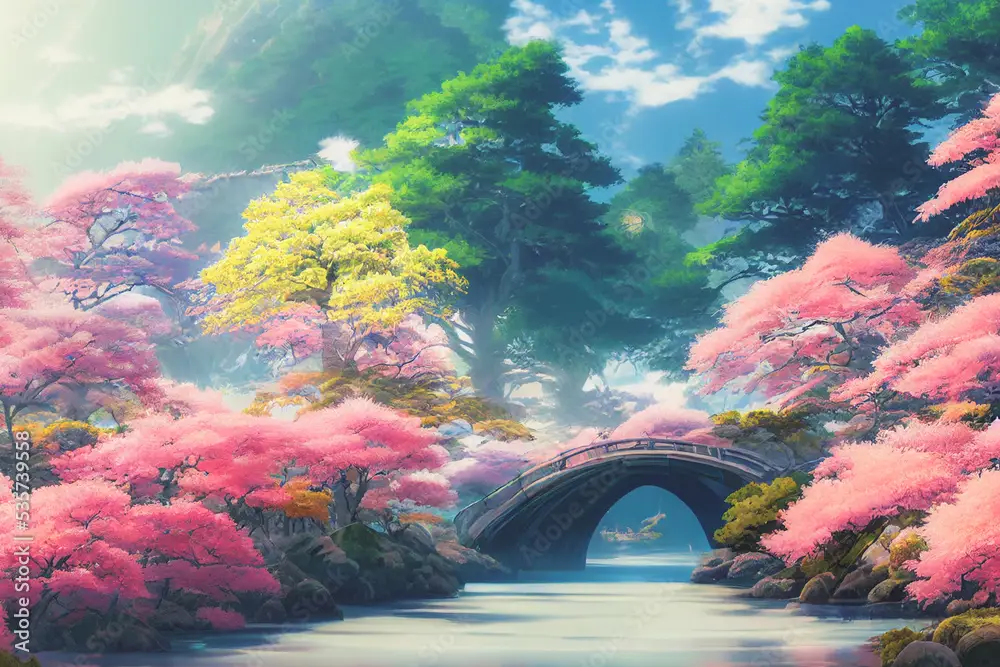Keindahan Pemandangan Musim Semi Pemandangan anime musim semi dengan bunga-bunga