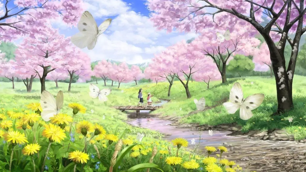 Keindahan Anime Musim Semi Pemandangan anime musim semi yang indah dengan bunga sakura bermekaran