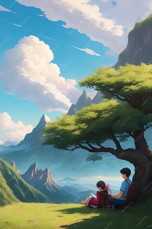 Momen romantis dalam anime Pasangan anime menikmati matahari terbenam
