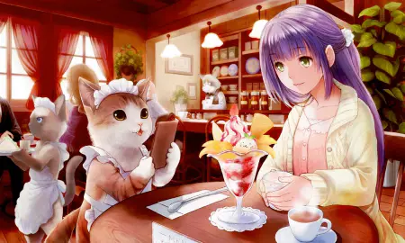 Neko Girl di Kafe Suasana kafe dengan neko girl yang sedang bekerja