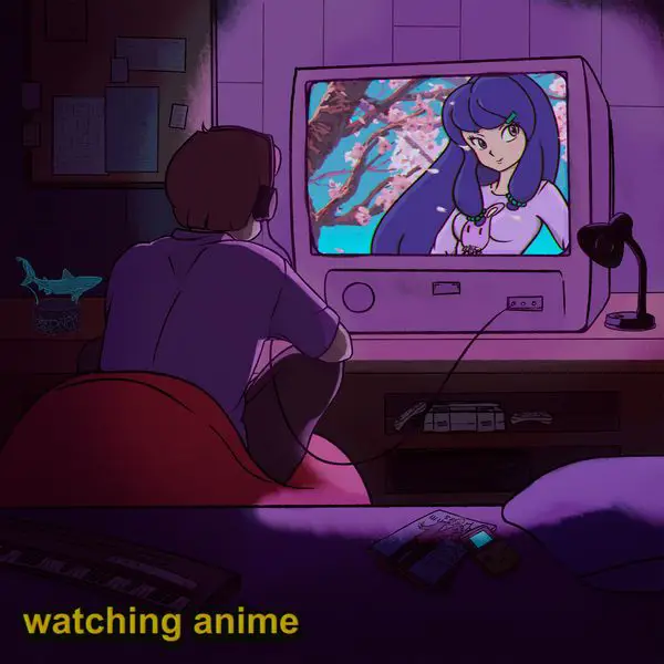 Menikmati Anime Bersama Teman Karakter anime menonton televisi bersama